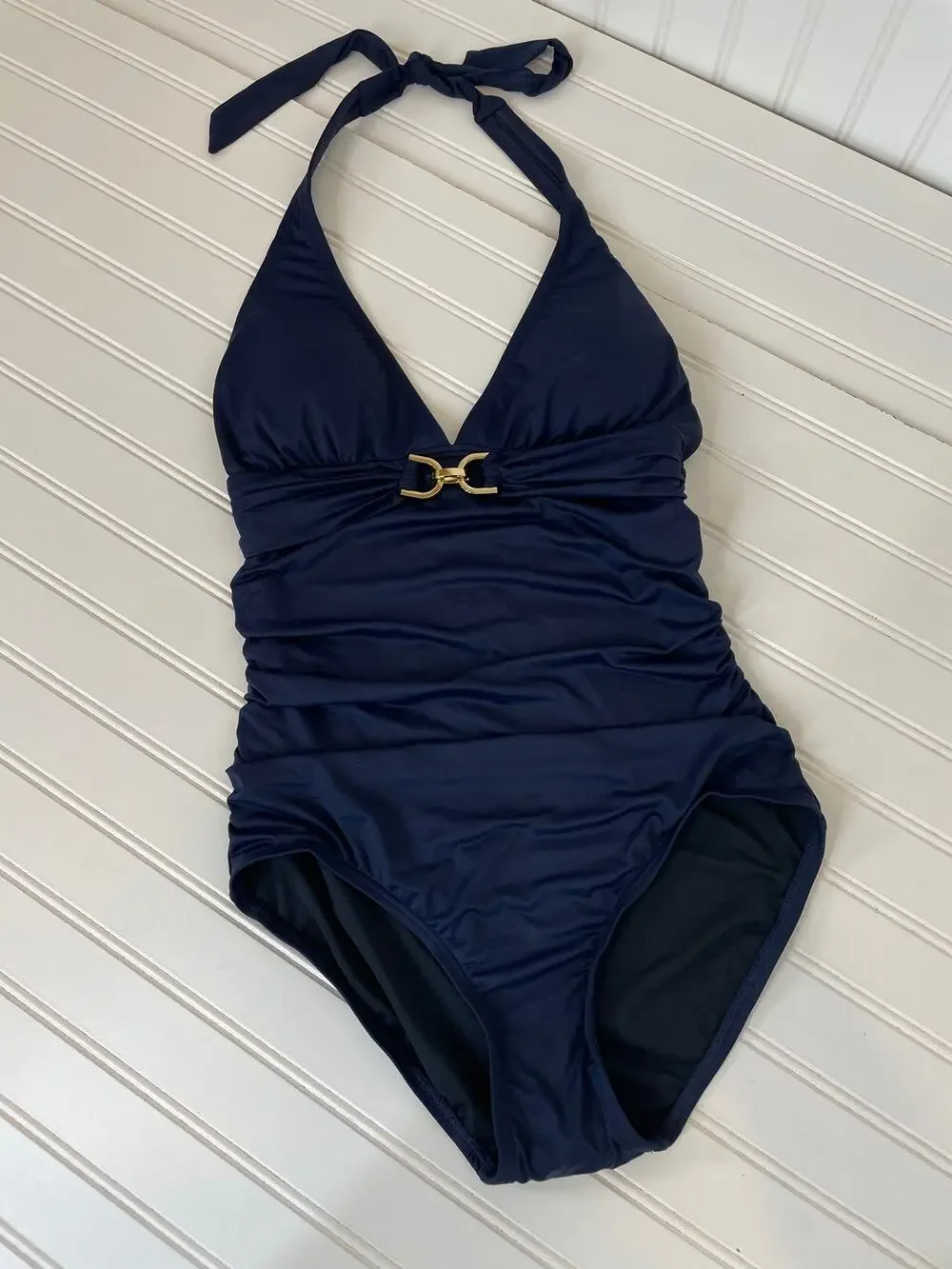 NWOT Michael Kors One Piece Bathing Suit Navy Blue V-Neck Padded Swimsuit Size S